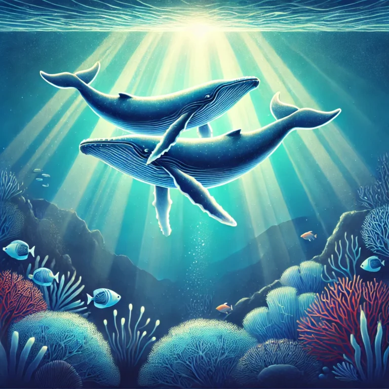 DALL·E 2024-12-26 10.40.12 - A majestic underwater scene featuring two whales gracefully swimming together, symbolizing love and connection. The background is a deep blue ocean wi